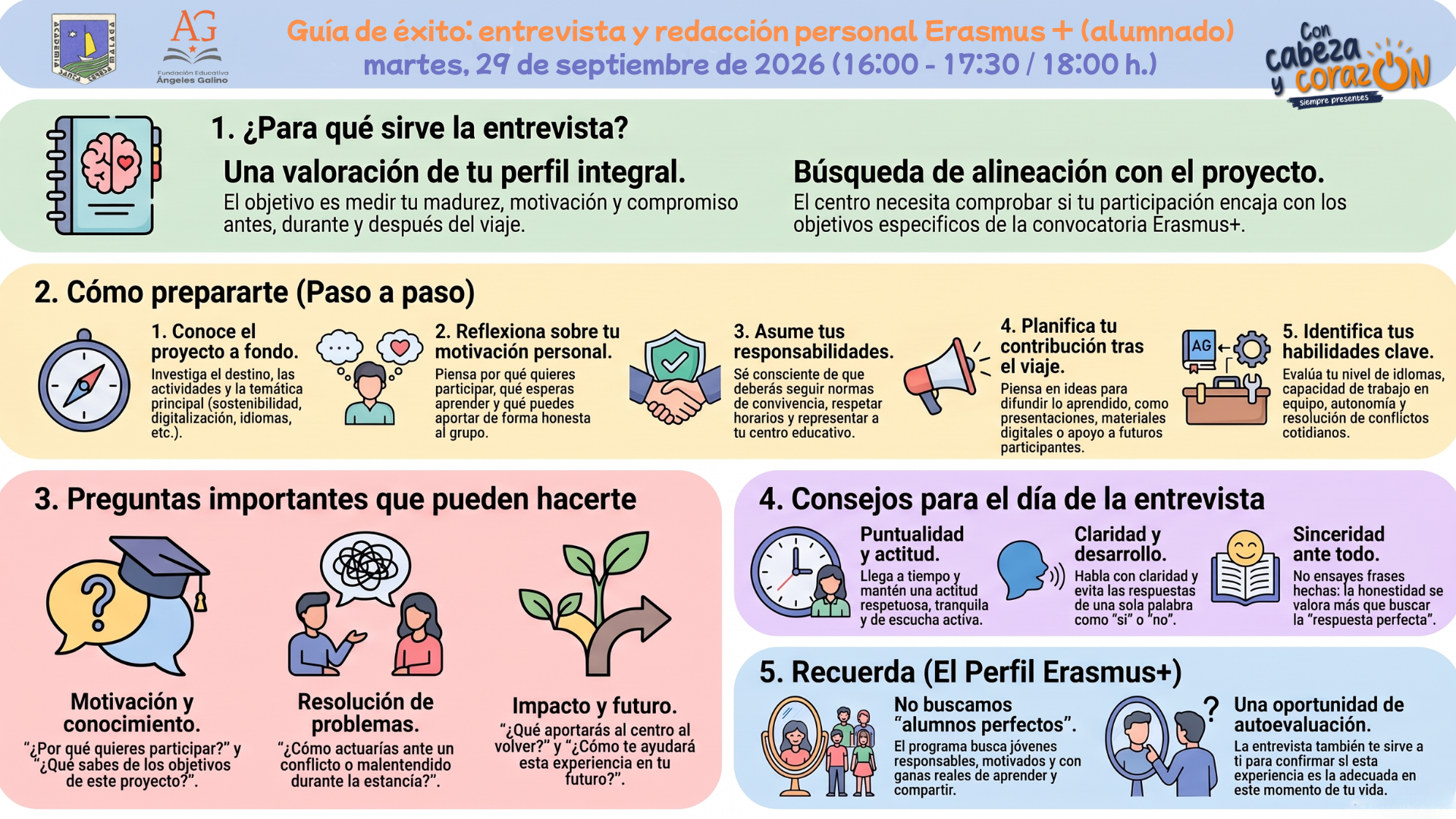 En esta infografía encontrarás una serie de pautas y consejos que esperamos te ayuden a la hora de preparar la entrevista que tendrás que realizar como parte de tu candidatura en la movilidad del alumnado Erasmus +